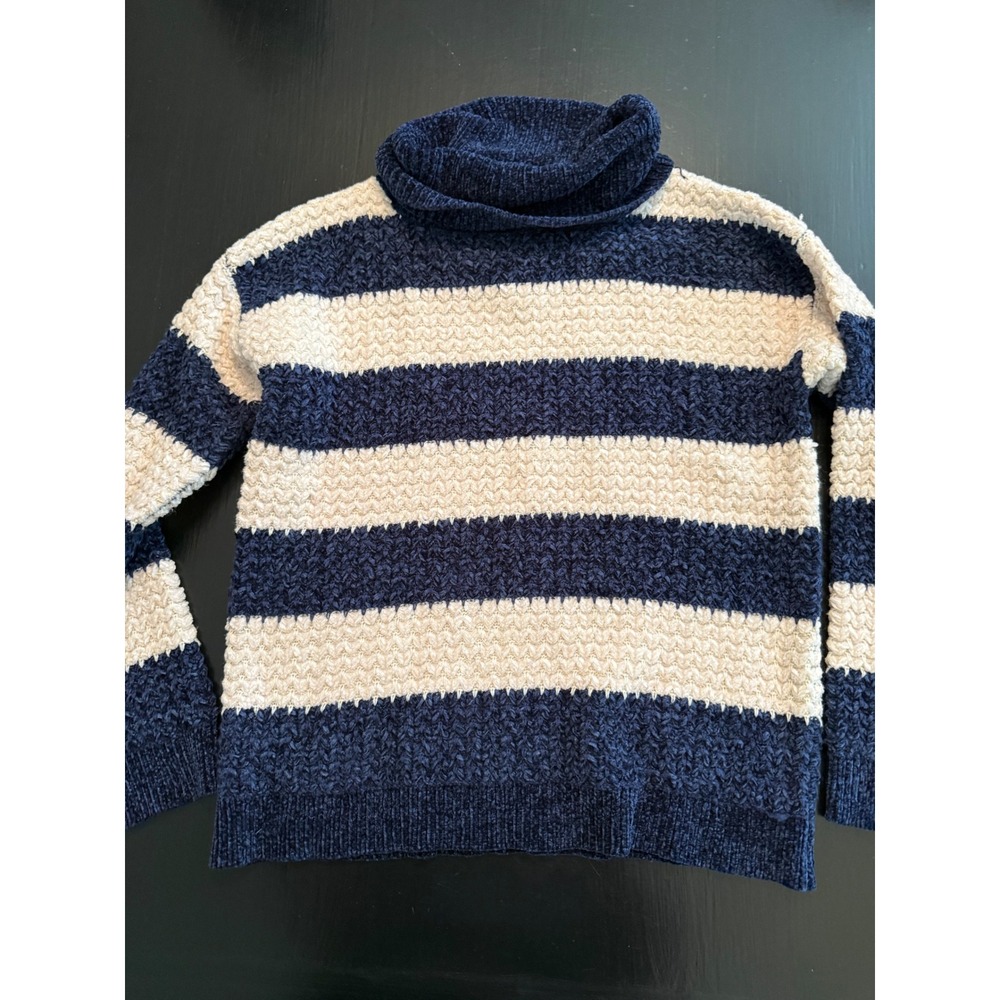 Rain + Rose Chenille Striped Turtleneck Sweater Navy Cream Popcorn Knit Womens M